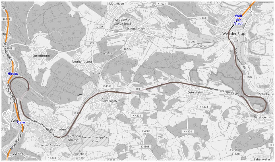 Karte vom Bereich Calw bis Weil der Stadt